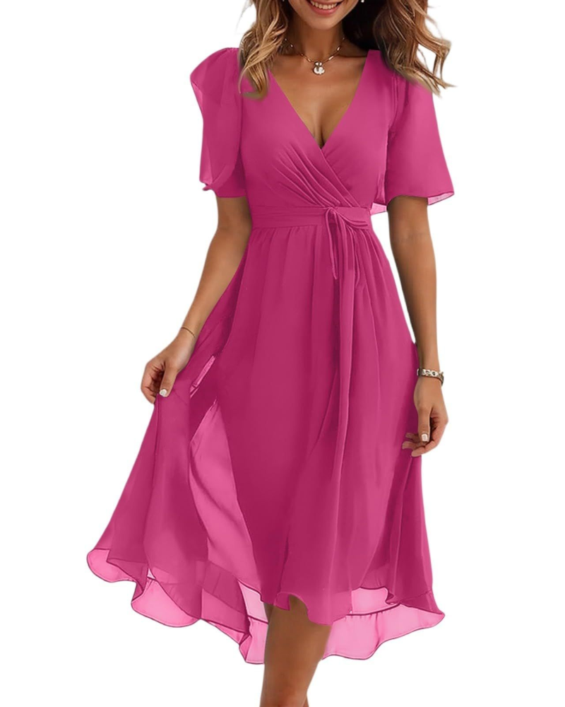 Victoria Damen Midikleid – Chiffon, V-Ausschnitt, Gürtel & plissierter Saum