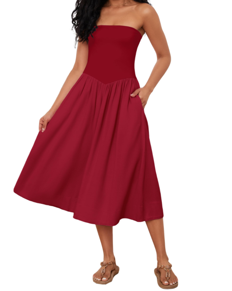 Elena Vestido de Mujer – Vestido Midi Strapless de Algodón con Cintura Baja, Plisado y Corte en A