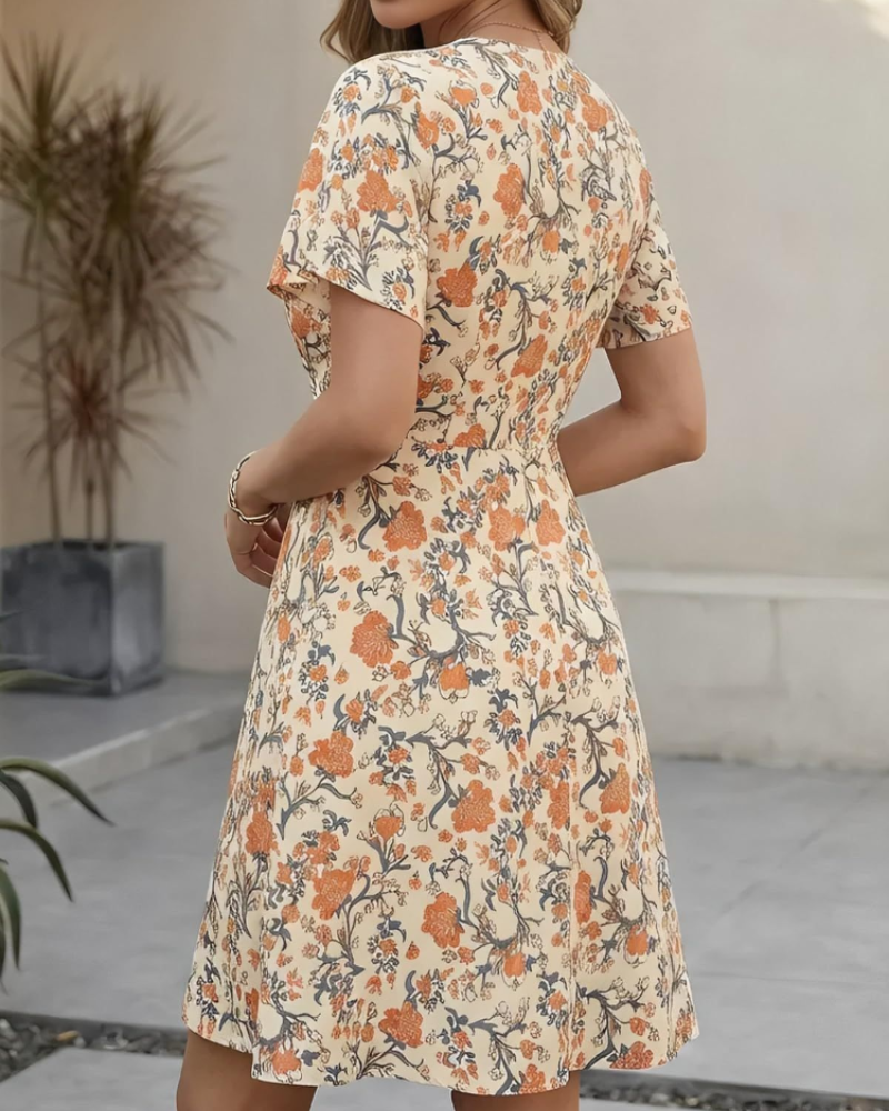 Vestido midi para mujer Daphne – Estampado floral, escote en V, volantes y línea A