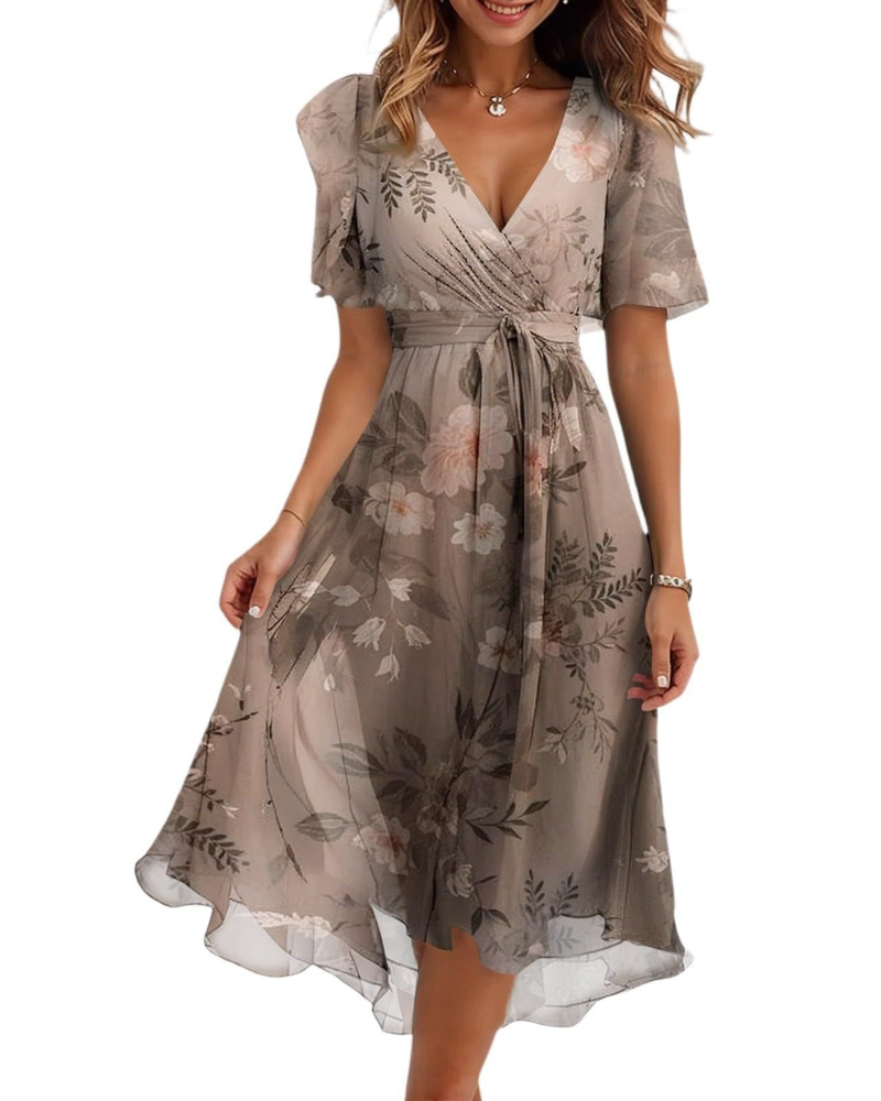 Victoria Damen Midikleid – Chiffon, V-Ausschnitt, Gürtel & plissierter Saum