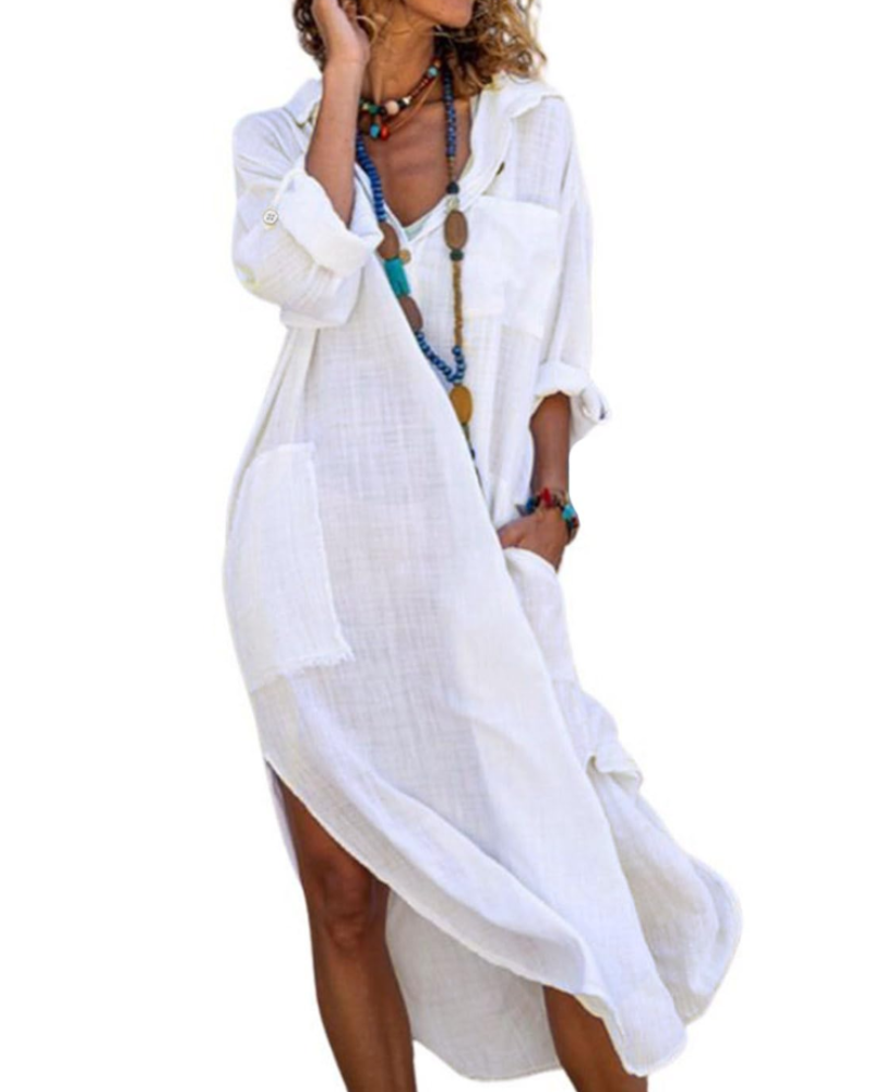 Madison Abito Donna – Vestito Camicia Lungo in Cotone Lino con Maniche Risvoltate & Bottoni