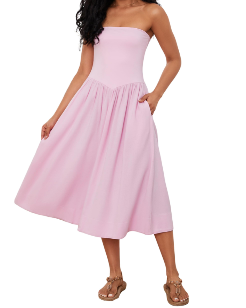 Elena Vestido de Mujer – Vestido Midi Strapless de Algodón con Cintura Baja, Plisado y Corte en A