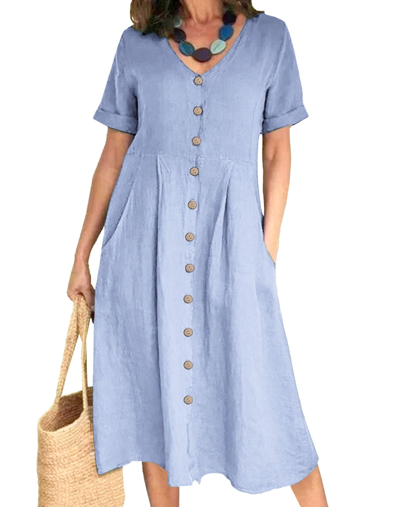 Serena Vestito Donna Midi – Misto Lino, Scollo a V, Bottoni & Fit Plus Size