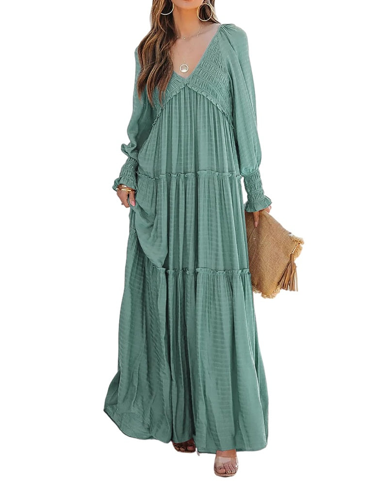 Sophie Abito Donna – Maxi Dress Boho con Scollo a V, Maniche Lunghe & Gonna a Balze
