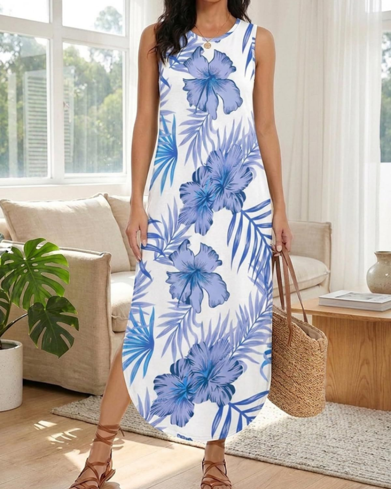Robe longue pour femme Madeline – Sans manches, col rond, poches et coupe ample