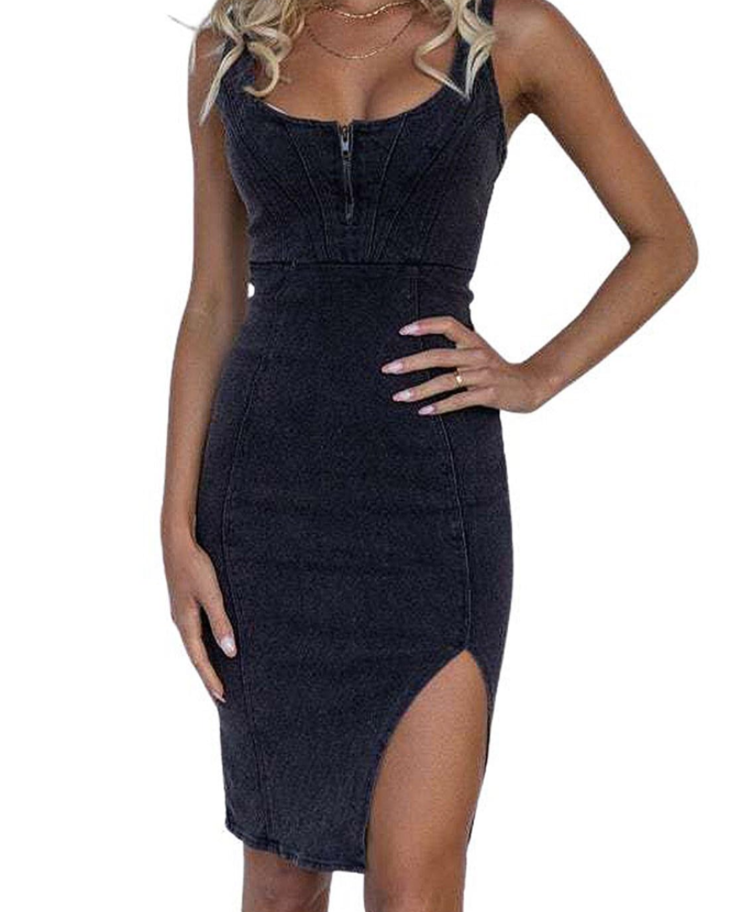 Madison Abito Donna – Vestito Midi in Denim Elasticizzato con Spalline Regolabili & Spacco