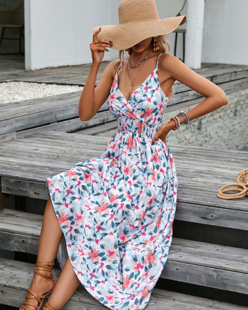 Ivy Φόρεμα Γυναικείο – Καλοκαιρινό Φλοράλ Φόρεμα με V Λαιμόκοψη, Λεπτές Τιράντες & Ψηλή Μέση