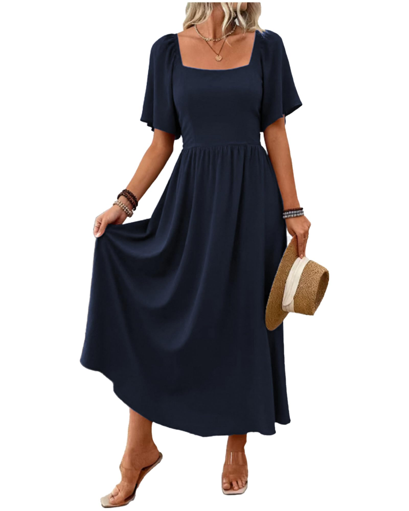 Celeste Maxikleid für Damen – Quadratischer Ausschnitt, Fledermausärmel & A-Linie