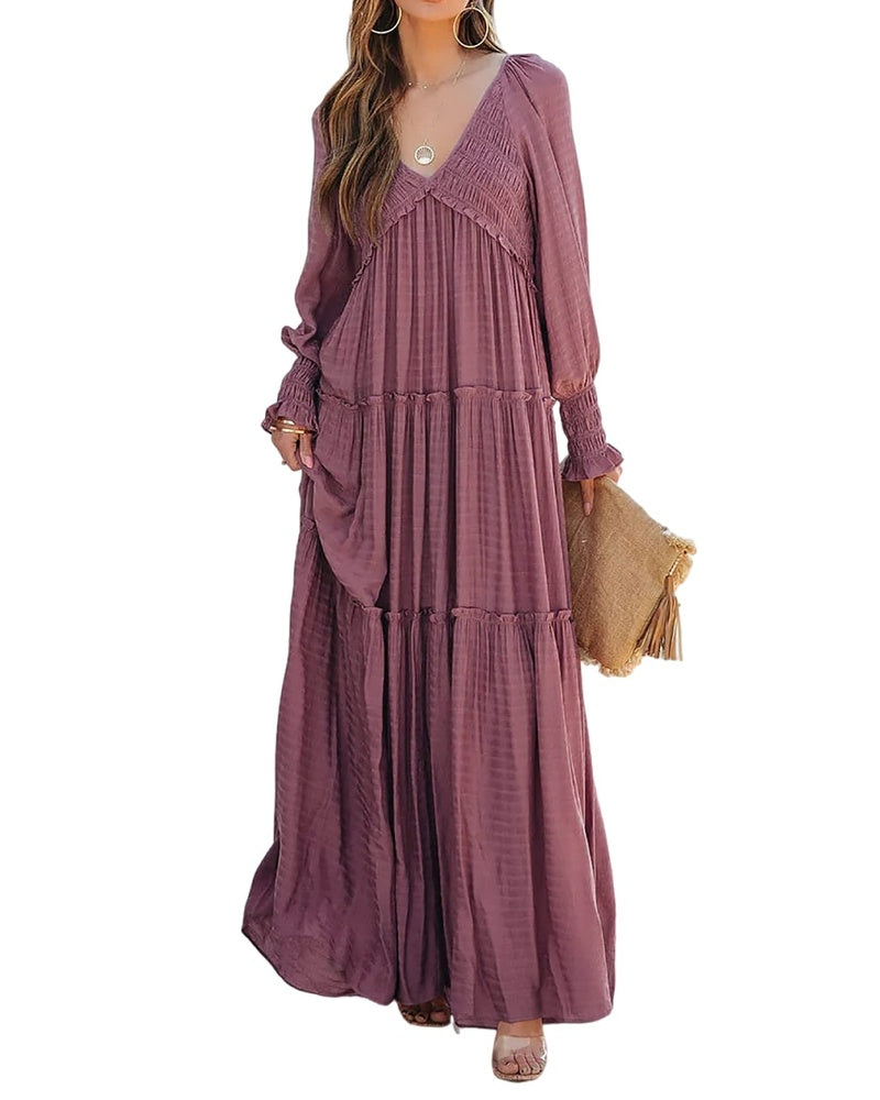 Sophie Abito Donna – Maxi Dress Boho con Scollo a V, Maniche Lunghe & Gonna a Balze