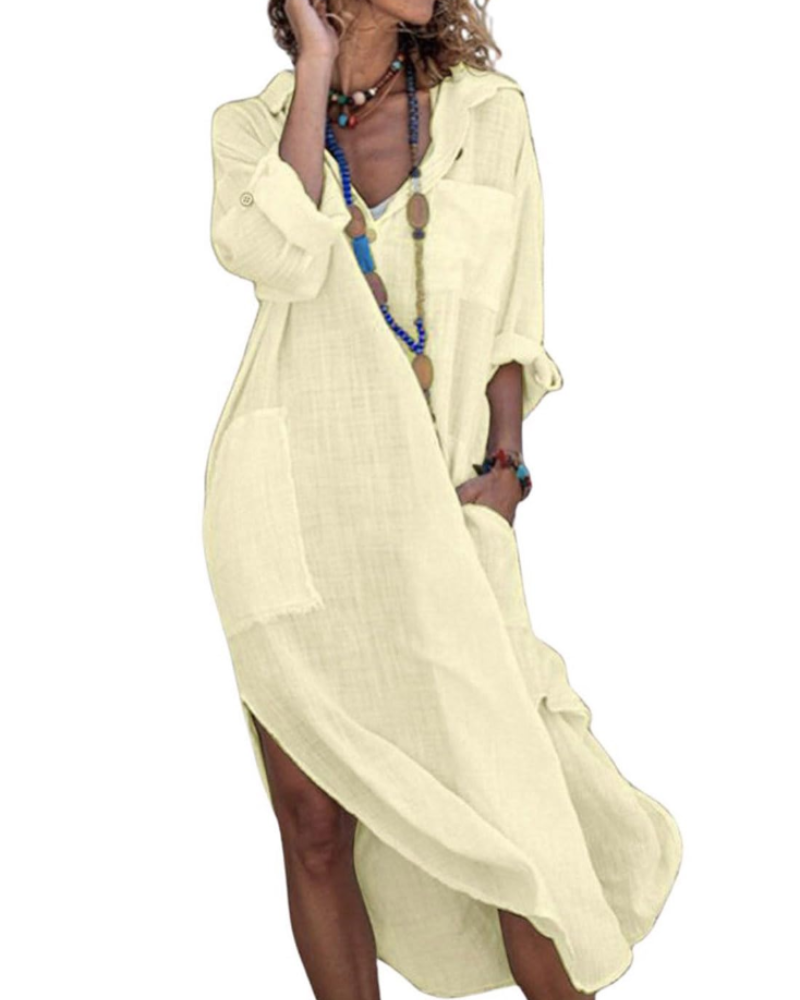 Madison Abito Donna – Vestito Camicia Lungo in Cotone Lino con Maniche Risvoltate & Bottoni