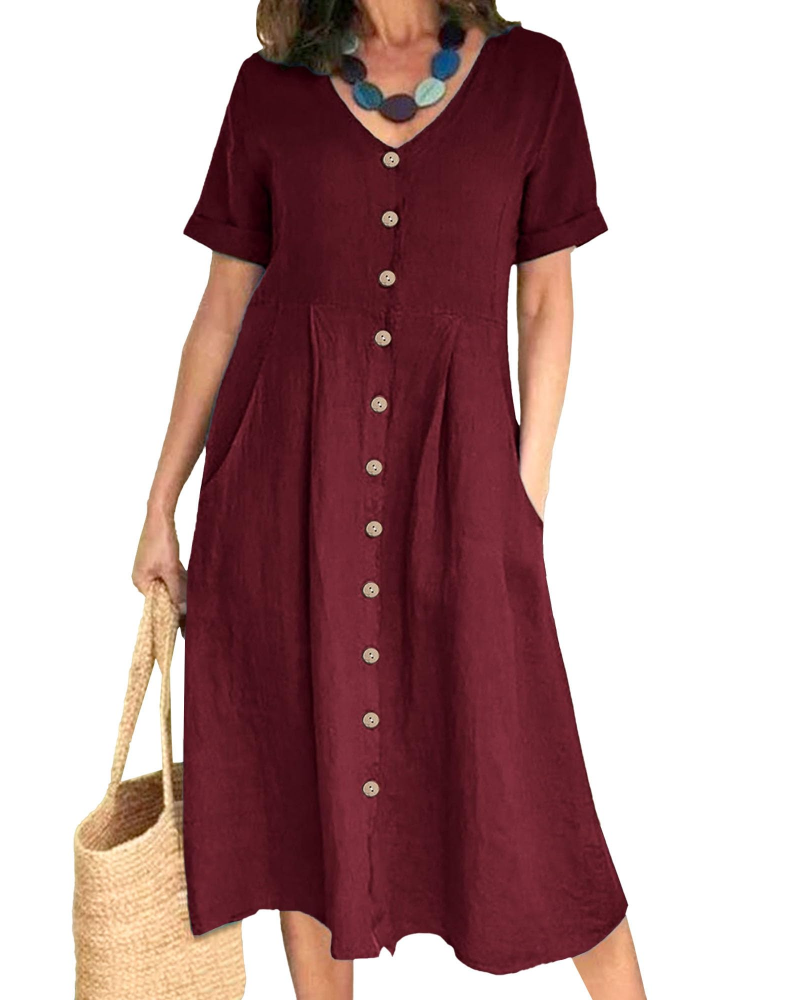 Serena Vestito Donna Midi – Misto Lino, Scollo a V, Bottoni & Fit Plus Size