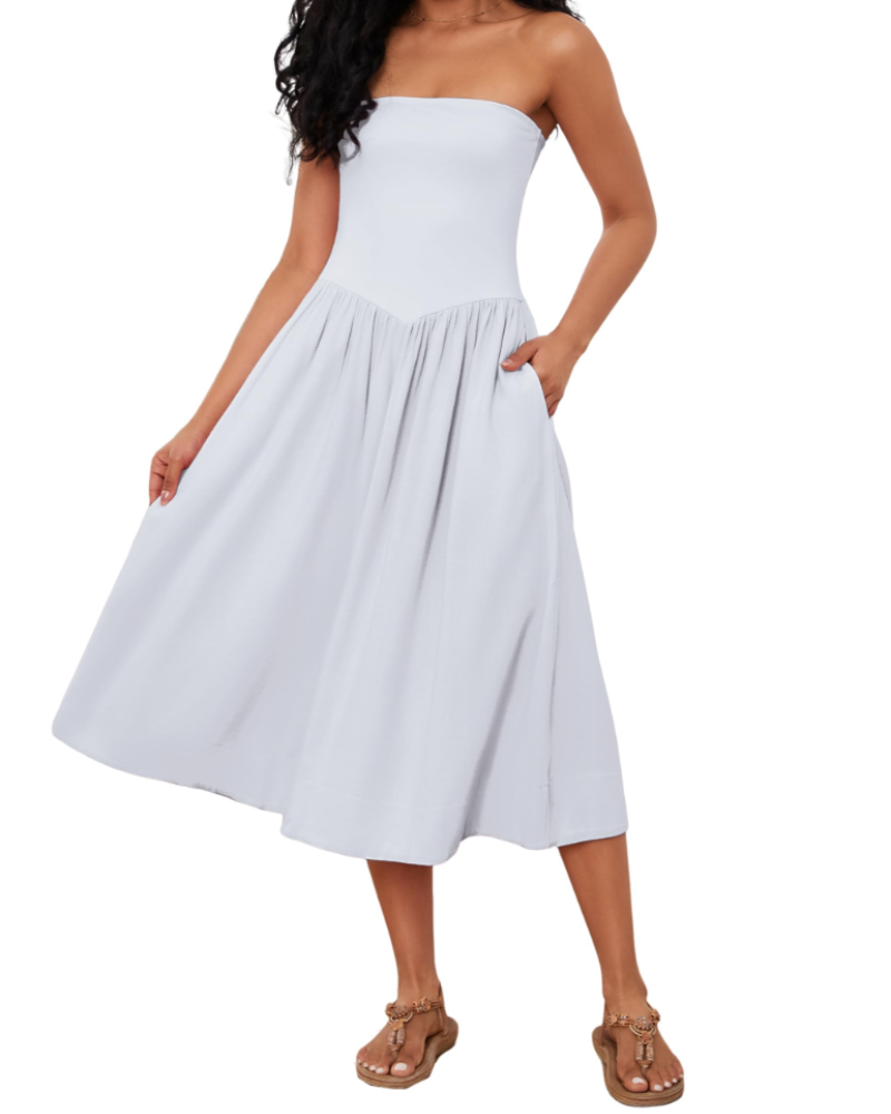 Elena Vestido de Mujer – Vestido Midi Strapless de Algodón con Cintura Baja, Plisado y Corte en A