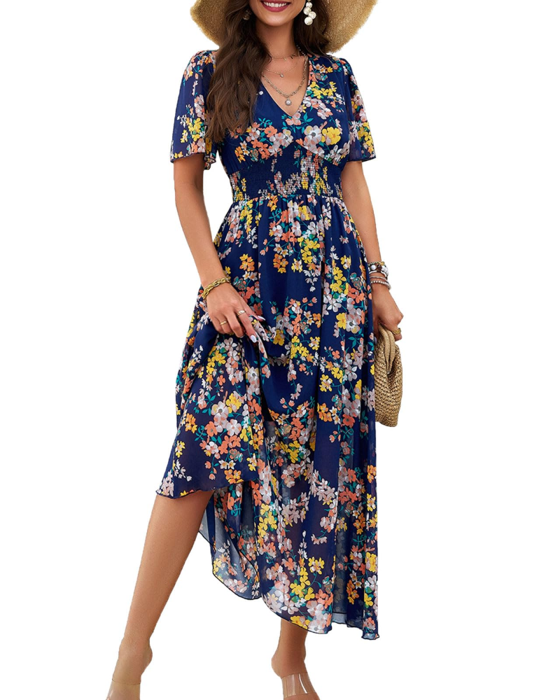 Eliza Midikleid für Damen – V-Ausschnitt, kurze Ärmel, hohe Taille & fließender Saum