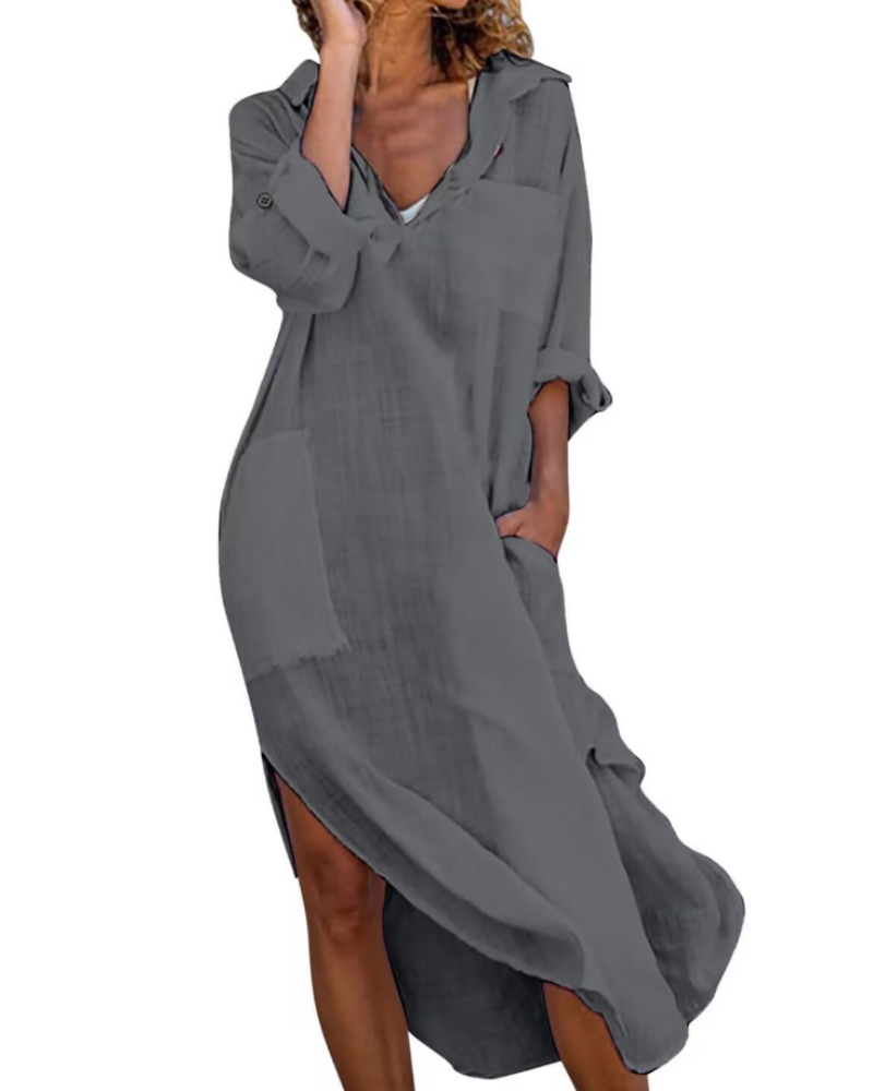 Madison Abito Donna – Vestito Camicia Lungo in Cotone Lino con Maniche Risvoltate & Bottoni