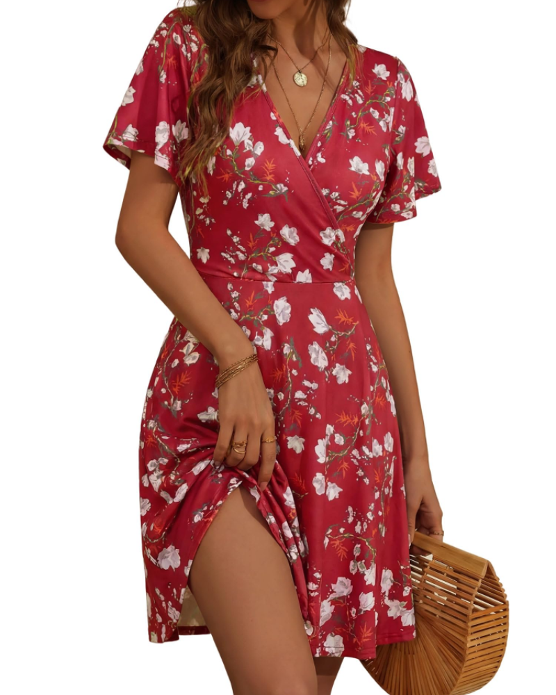 Ruby Abito Donna – Vestito Estivo A-Line con Scollo a V, Maniche a Volant & Stampa Floreale