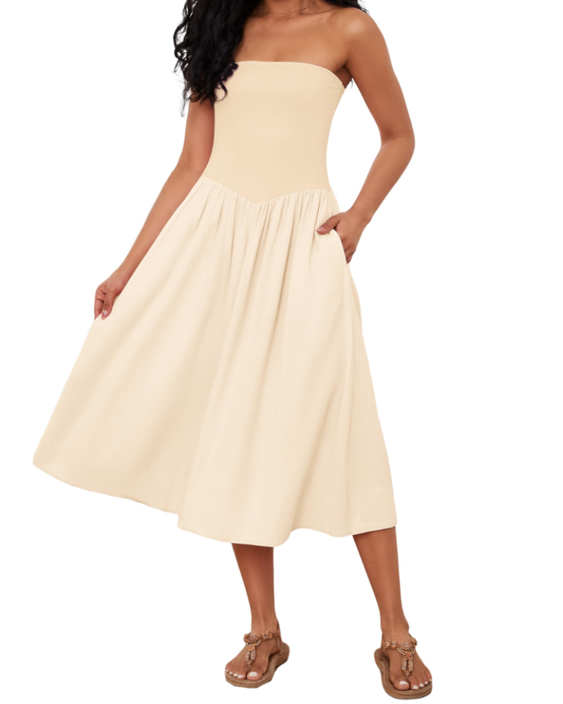 Elena Vestido de Mujer – Vestido Midi Strapless de Algodón con Cintura Baja, Plisado y Corte en A