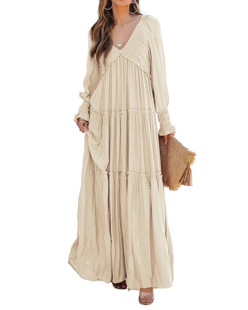 Sophie Abito Donna – Maxi Dress Boho con Scollo a V, Maniche Lunghe & Gonna a Balze