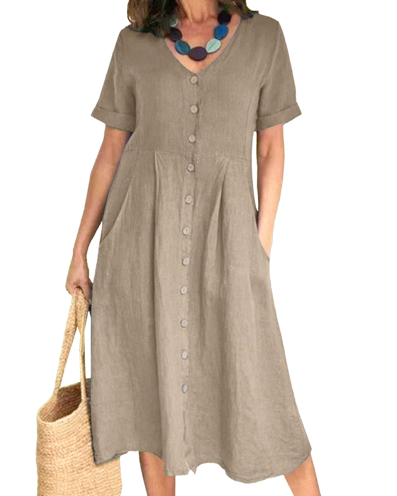 Serena Vestito Donna Midi – Misto Lino, Scollo a V, Bottoni & Fit Plus Size