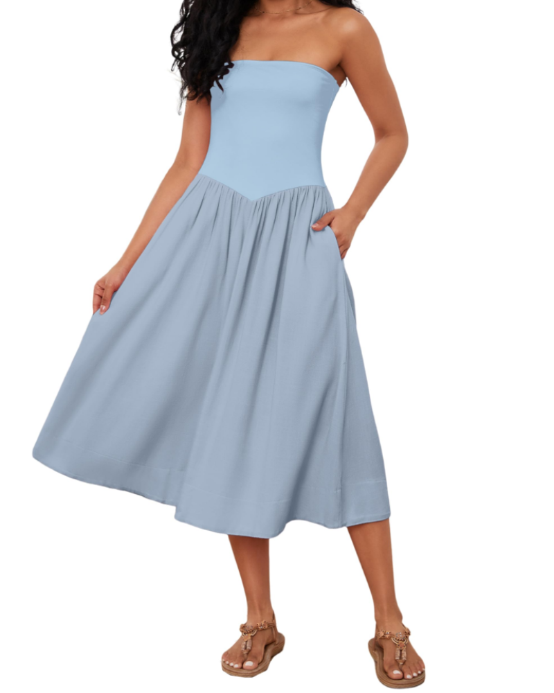 Elena Vestido de Mujer – Vestido Midi Strapless de Algodón con Cintura Baja, Plisado y Corte en A