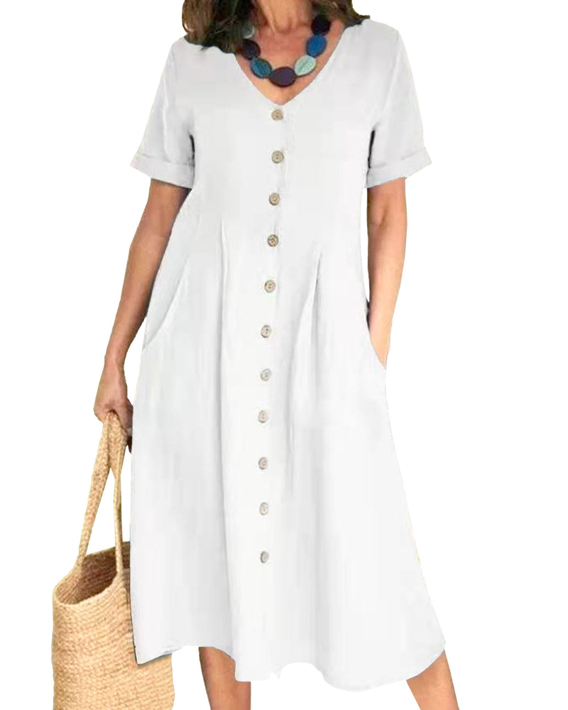Serena Vestito Donna Midi – Misto Lino, Scollo a V, Bottoni & Fit Plus Size