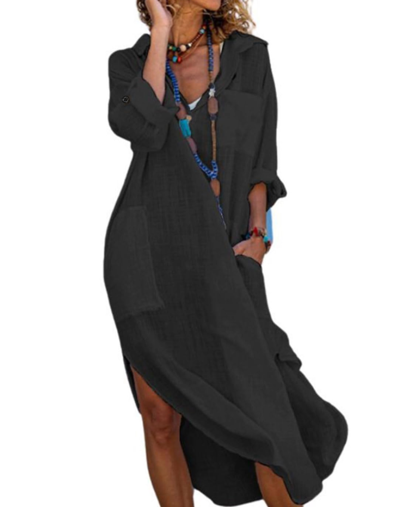 Madison Abito Donna – Vestito Camicia Lungo in Cotone Lino con Maniche Risvoltate & Bottoni