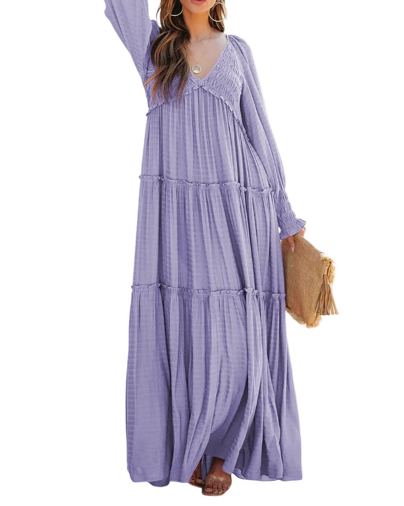 Sophie Abito Donna – Maxi Dress Boho con Scollo a V, Maniche Lunghe & Gonna a Balze