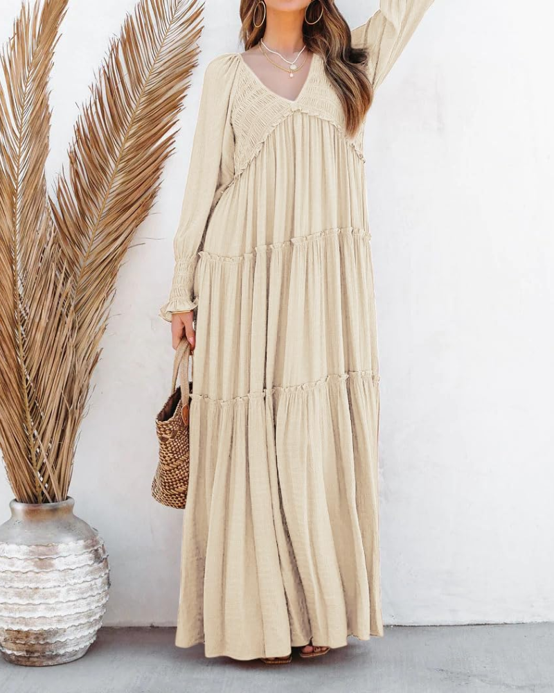 Sophie Abito Donna – Maxi Dress Boho con Scollo a V, Maniche Lunghe & Gonna a Balze