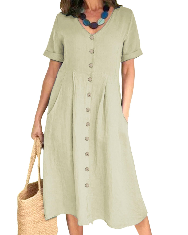 Serena Vestito Donna Midi – Misto Lino, Scollo a V, Bottoni & Fit Plus Size
