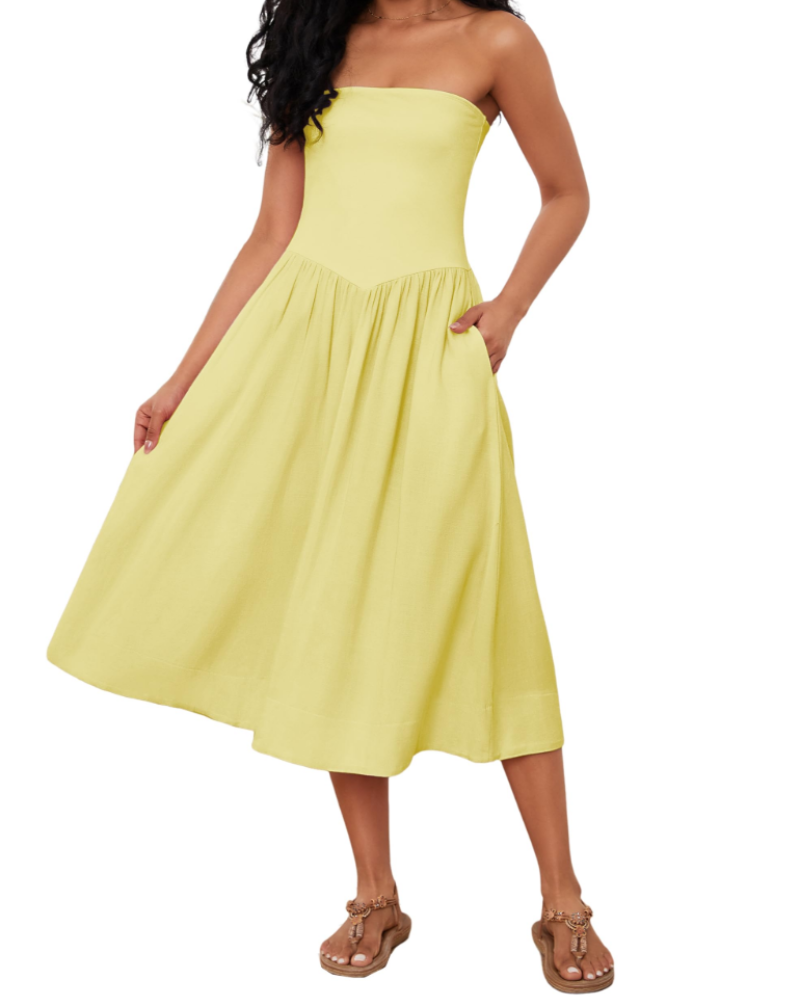 Elena Vestido de Mujer – Vestido Midi Strapless de Algodón con Cintura Baja, Plisado y Corte en A