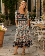 Vestido Midi para Mujer Tessa – Estampado Floral Boho, Mangas Cortas, Bolsillos y Corte Suelto