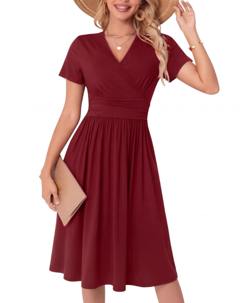 Savannah Dámské midi šaty – Výstřih do V, kapsy, áčkový střih a elegantní fit