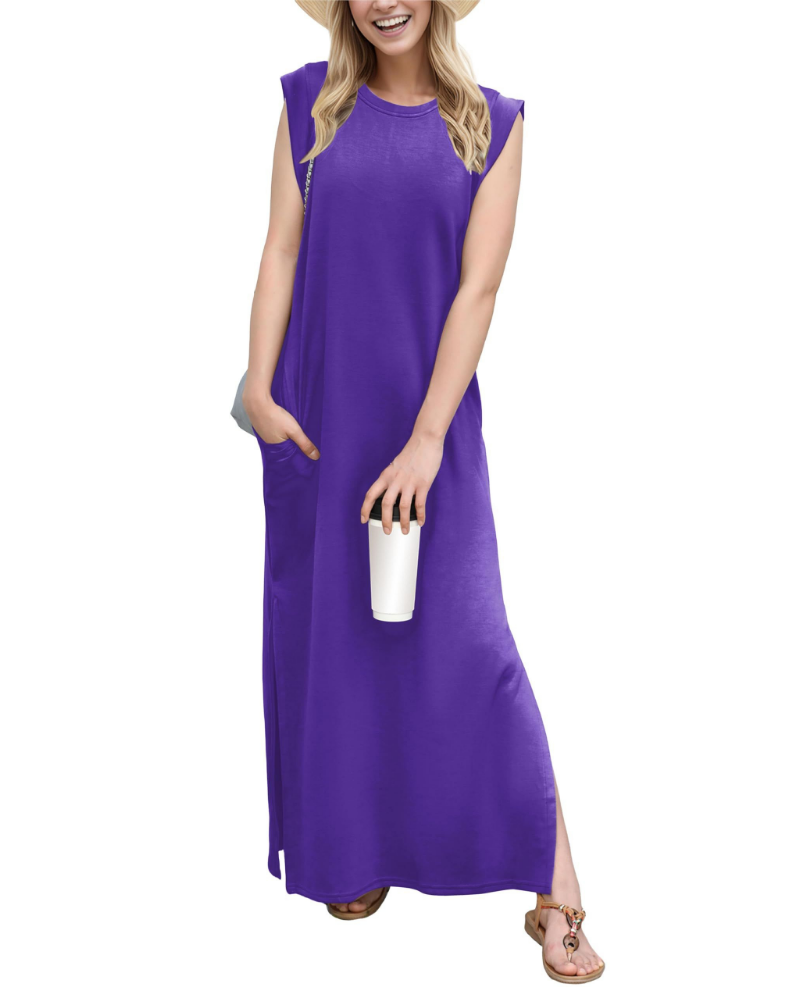 Brielle Vestito Donna Maxi – Girocollo, Senza Maniche, Tasche & Spacco