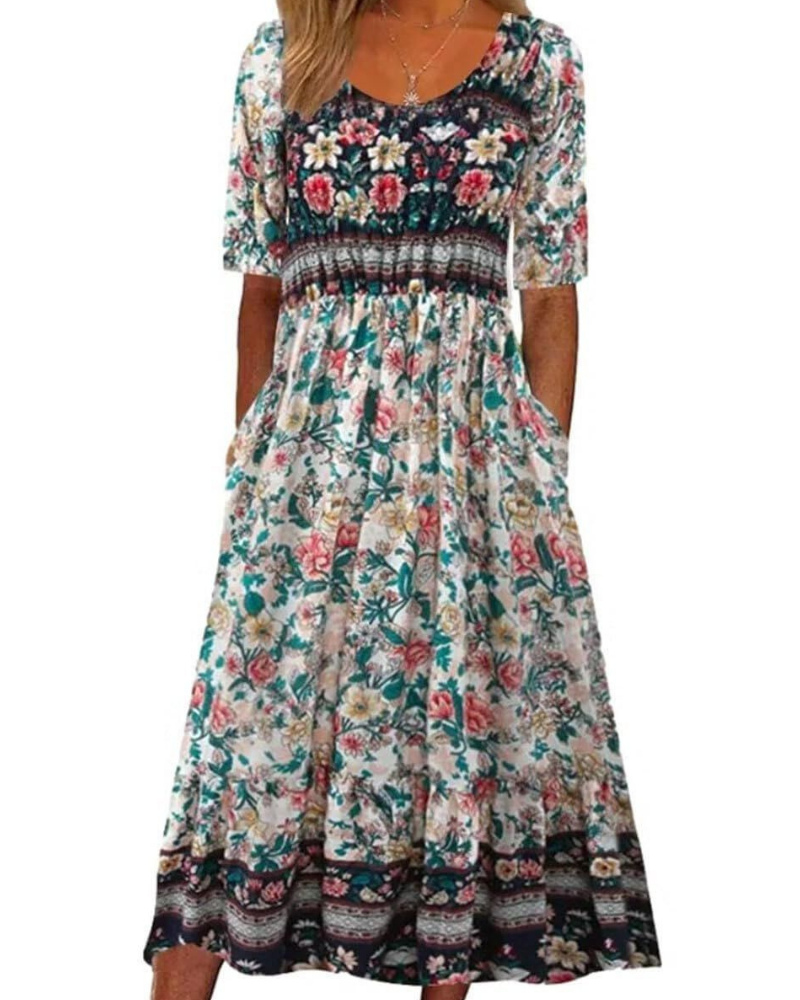 Vestido Midi para Mujer Tessa – Estampado Floral Boho, Mangas Cortas, Bolsillos y Corte Suelto
