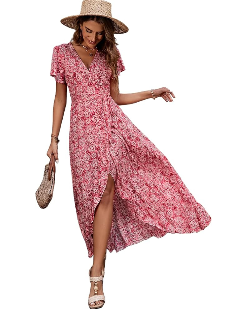 Charlotte Women’s Midi Dress – Viscose, V-Neck, Ruffles & Belt