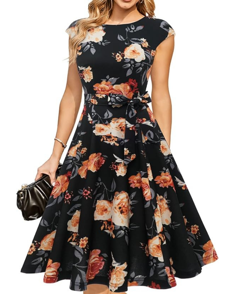 Juliette Women's Midi Dress – Fit & Flare, Removable Belt & Short Sleeves