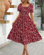 Evelyn Midikleid für Damen – Blumenmuster, Puffärmel & definierte Taille