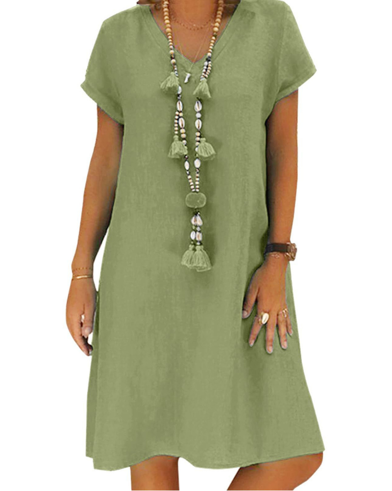 Robe midi pour femme Sophie – Coton lin, col en V, manches courtes et poches
