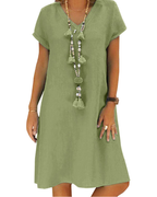 Robe midi pour femme Sophie – Coton lin, col en V, manches courtes et poches