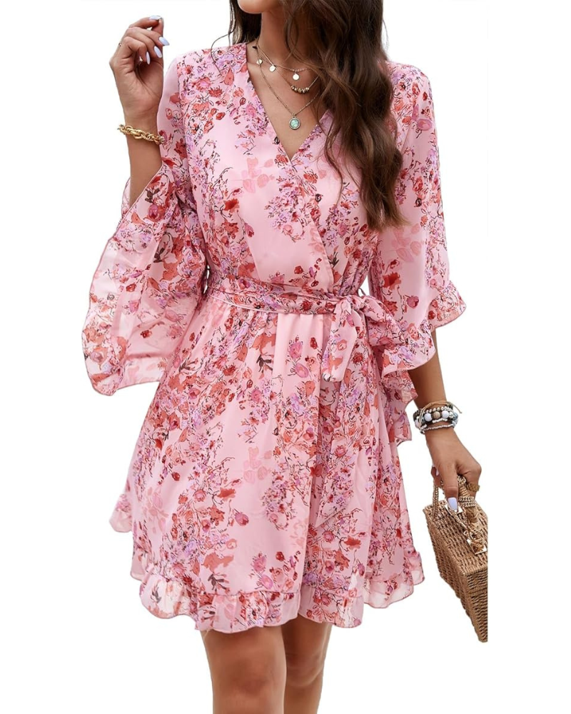 Maya Damen-Minidress – Boho-Blumenmuster, V-Ausschnitt & kurze Ärmel