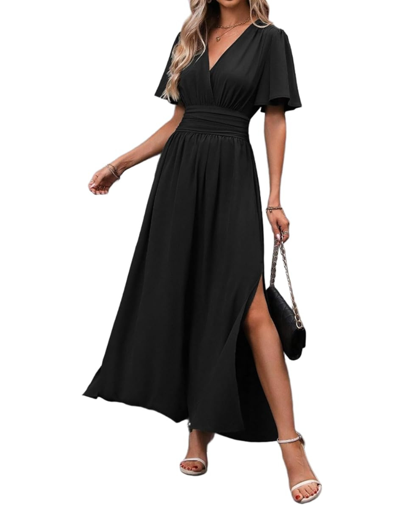 Isabelle Maxikleid für Damen – V-Ausschnitt, gesmokte Taille, Puffärmel & Schlitz