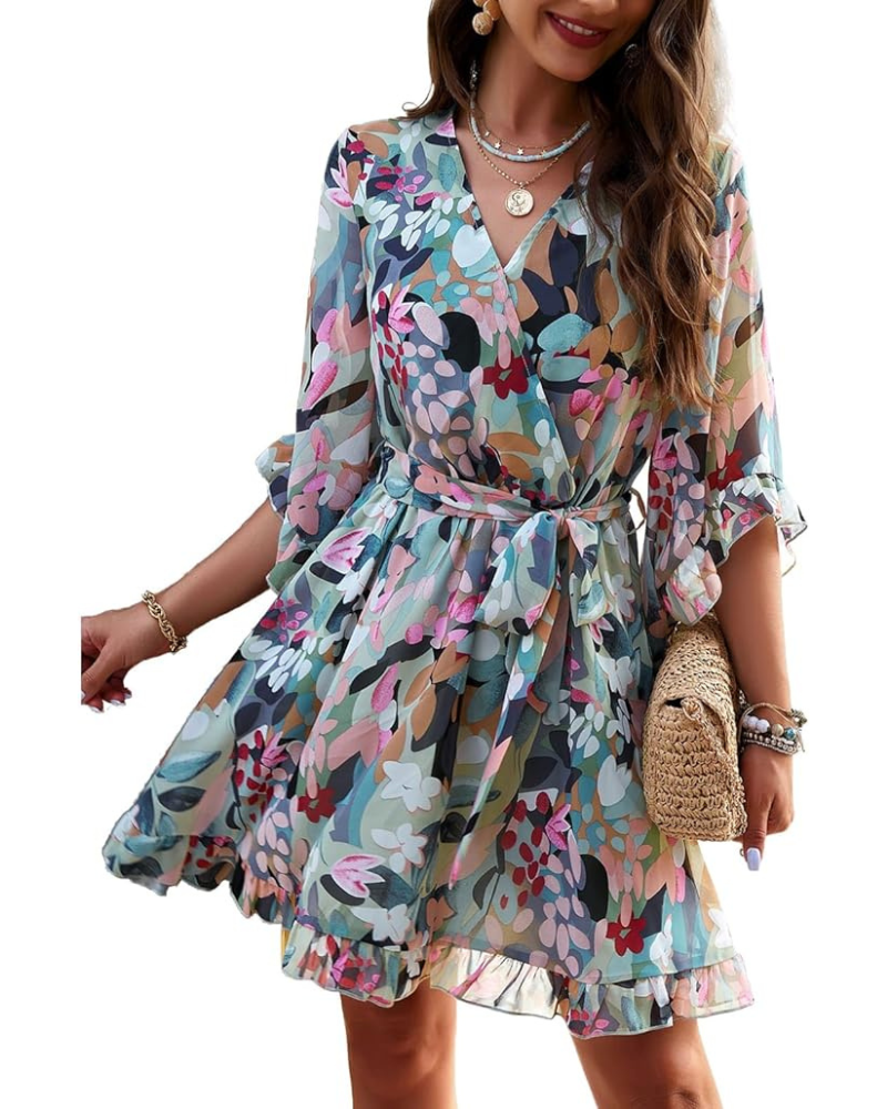 Maya Damen-Minidress – Boho-Blumenmuster, V-Ausschnitt & kurze Ärmel