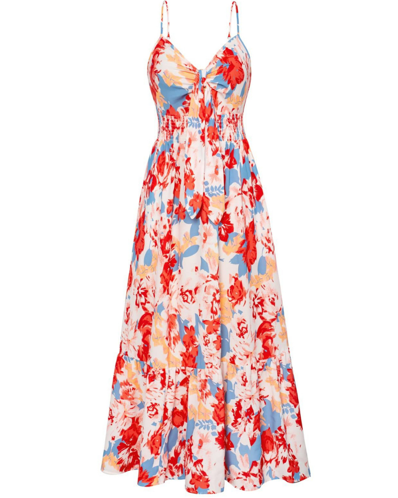 Hazel Robe Femme Maxi – Imprimé Floral, Bretelles Réglables, Nœud et Volants