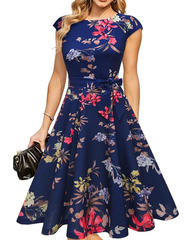 Juliette dámské midi šaty – střih fit & flare, odnímatelný pásek a krátké rukávy