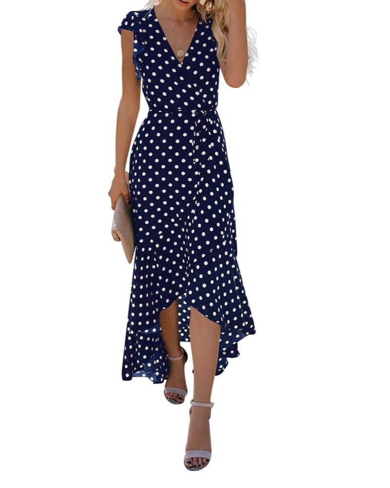Camille Damen Maxikleid – Blumenmuster, V-Ausschnitt, Gürtel & High-Low-Saum