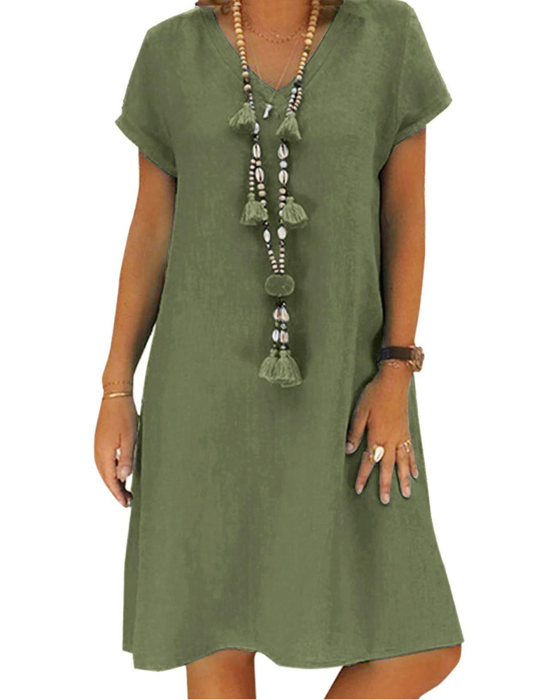 Sophie Damen Midikleid – Baumwoll-Leinen, V-Ausschnitt, kurze Ärmel & Taschen