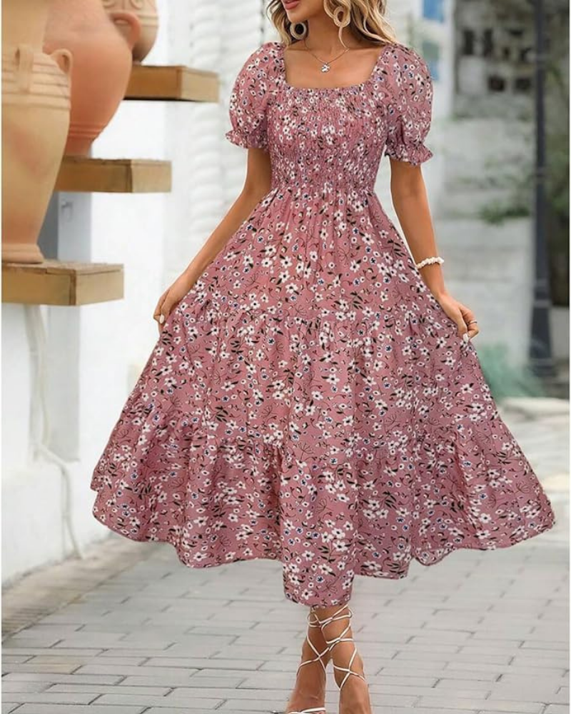 Evelyn Midikleid für Damen – Blumenmuster, Puffärmel & definierte Taille