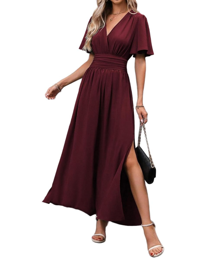 Isabelle Maxikleid für Damen – V-Ausschnitt, gesmokte Taille, Puffärmel & Schlitz