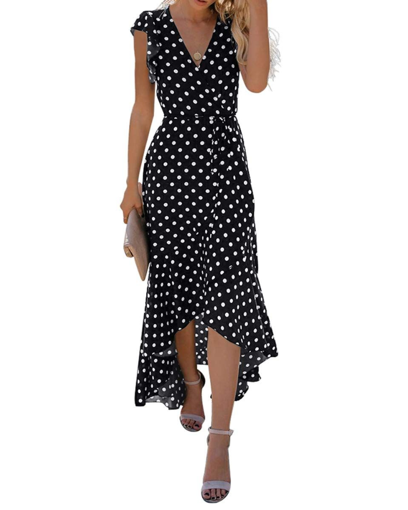 Camille Damen Maxikleid – Blumenmuster, V-Ausschnitt, Gürtel & High-Low-Saum