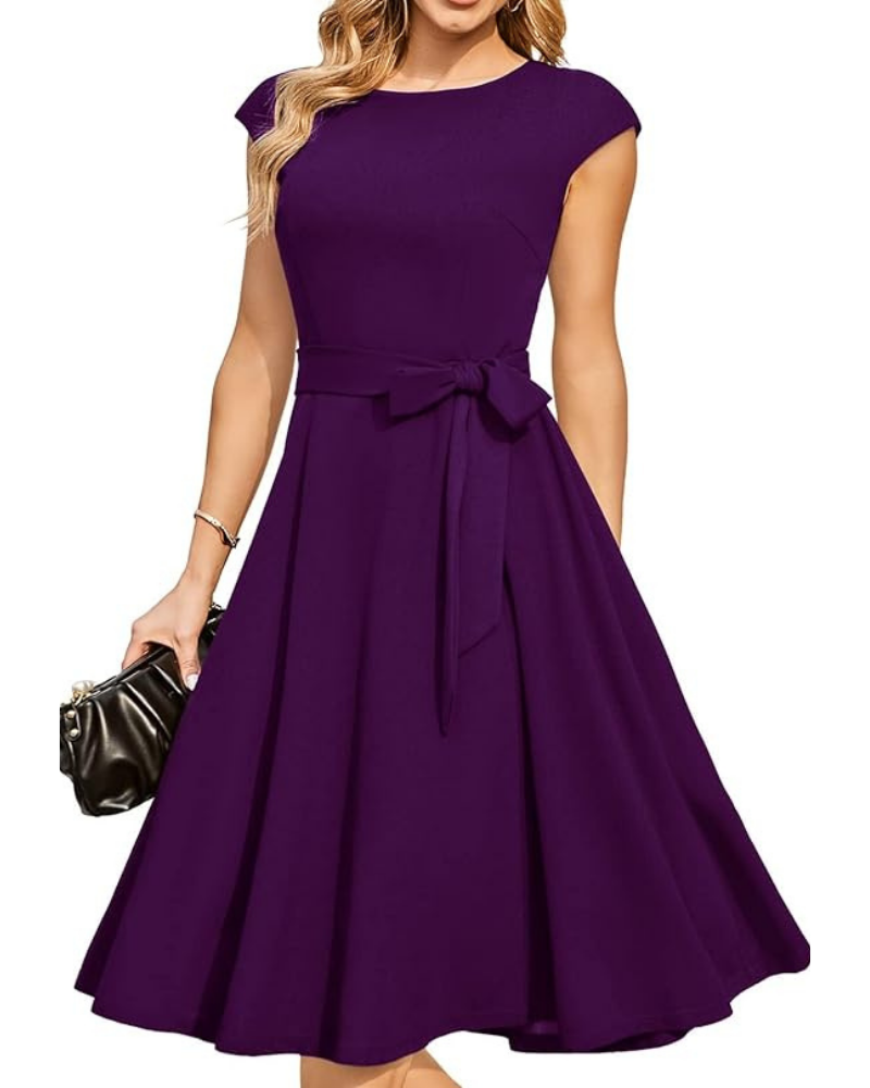 Juliette dámské midi šaty – střih fit & flare, odnímatelný pásek a krátké rukávy