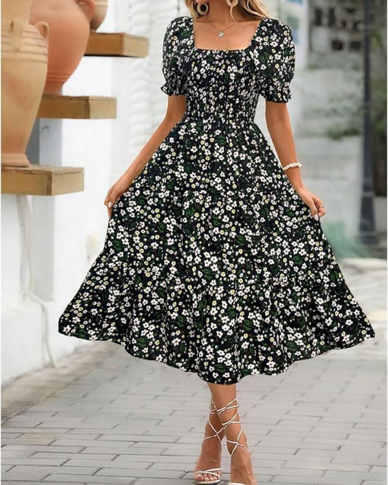 Evelyn Midikleid für Damen – Blumenmuster, Puffärmel & definierte Taille